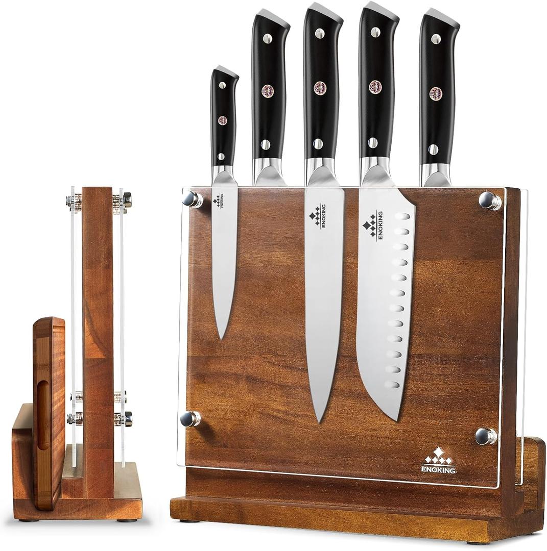 ENOKING Magnetic Knife Block with Acrylic Shield, Double Side Kitchen Knife Holder without Knives- Acacia Wood Universal Knife Storage Organizer with Powerful Magnet for Kitchen Counter (10*9 inches)