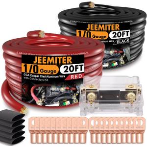 1/0 Gauge CCA Wire Kit with ANL Fuse - 40ft Total (20ft Red+Black) Car Amplifier Power Ground Cable, Complete Amp Install & Big 3 Upgrade Kit