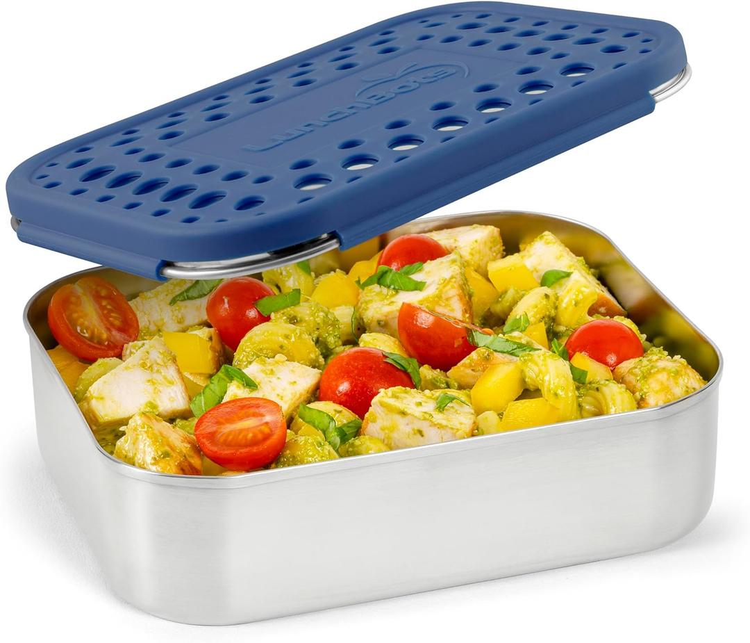 LunchBots Medium Uno Stainless Steel Sandwich Container - Open Design for Wraps - Salads or a Small Meal - Eco-Friendly - Dishwasher Safe and BPA-Free - Blue Dots (1 section)