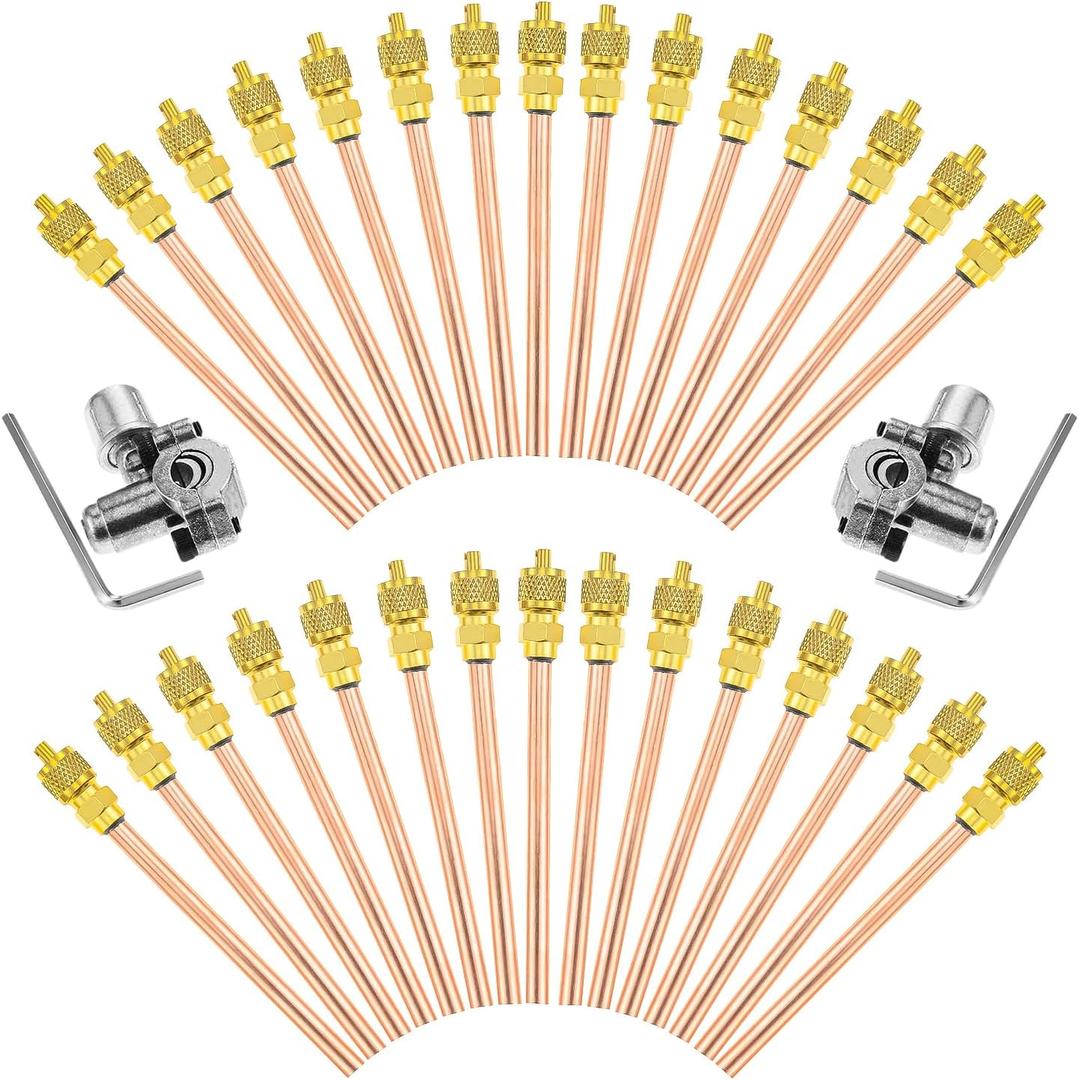 Gohantee Access Service Valve, 30Pcs 1/4" SAE x 1/4" OD x 4" Stem Core AC Refrigeration Copper Filling HVAC Schrader Valve with 2 Pcs BPV31 Bullet Piercing Valves for HVAC Refrigerant System