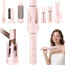 7 in 1 Automatic Curling Iron Interchangeable Barrels -0.5",1", 1.25", 1.5" Curling Wand, Hair Crimper & Straightening Brush,& Rotating Curler, 300M Negative Ions & Dual Voltage, Home & Travel