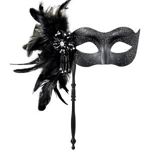 2025 New Masquerade Mask for Women with Stick - Shiny Women's Feather Mardi Gras Venetian Mask for Costume Accessory