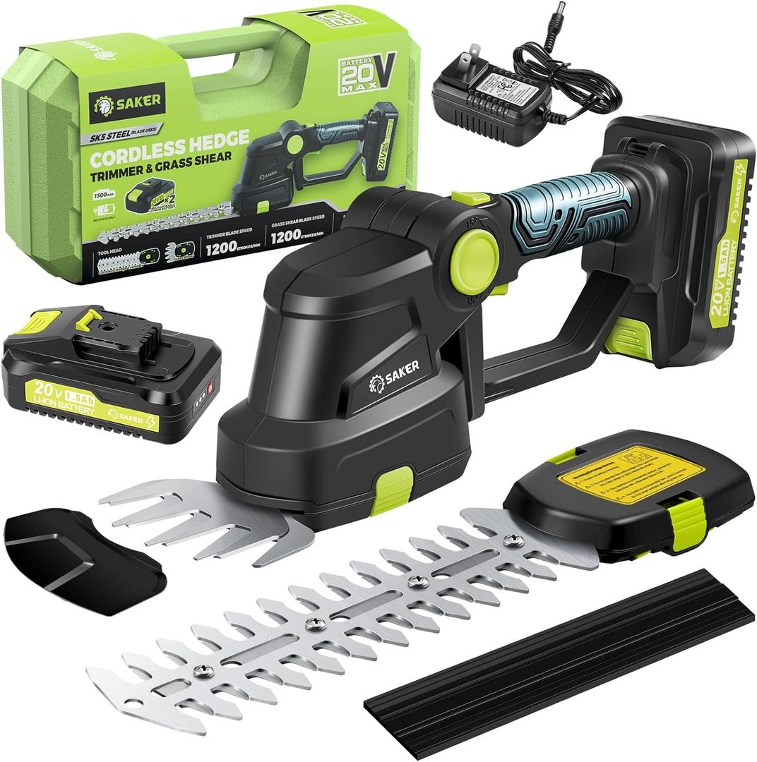 Saker Cordless Hedge Trimmer-20V Electric Shrub Trimmer Grass Shears Handheld Grass Cutter, Hedge Shear with 2 PCS Rechargeable Battery and Charger for Garden, Lawn (GREEN HEDGE TRIMMER+2 BATTERIES)
