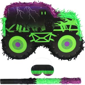 Green and Purple Monster Truck Pinata Car Pinata with Stick and Blindfold for Kids Boys Monster Truck Birthday Decorations Racing Car Birthday Party Supplies Carnival Party Favors(15.75*11*2.36 Inch)