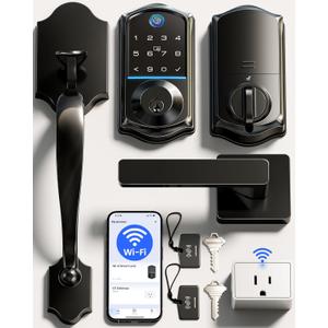 Veise VE017G-H Wi-Fi Smart Fingerprint Front Door Lock Set, Remote App Control, Keyless Entry Deadbolt with Handle, Backlit Keypad, IP55 Weatherproof, Auto Lock, Easy to Install, Matte Black