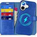 TUCCH Case Wallet for iPhone 16, Removable [2 in 1] [Wireless Charging] PU Leather Magnetic Stand RFID Blocking [4 Card Slots] Detachable Protective Folio Compatible with iPhone 16, Klein Blue