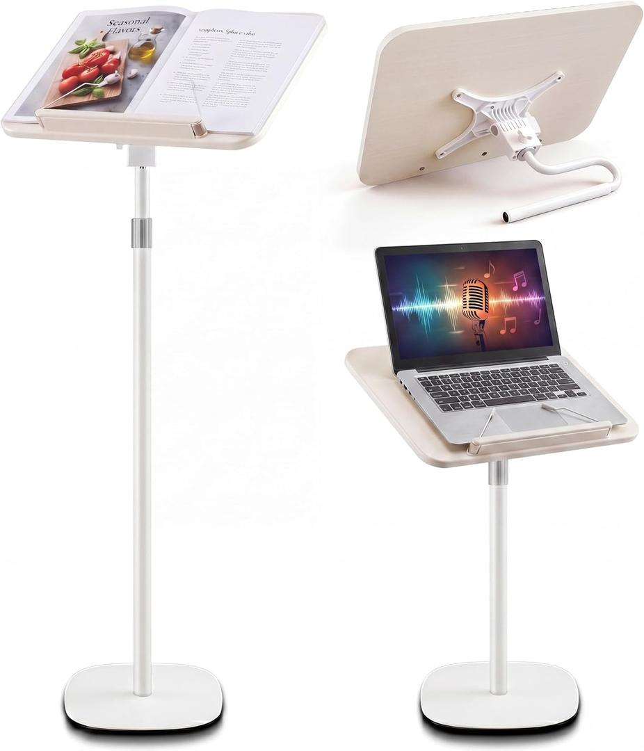 2 in 1 Dual-use Floor & Desktop Book Stand White, 19.6-54 Inch Height Adjustable, for Bible Stand Music Holder Podium Recipe Cookbook, Foldable Book Holder for Reading with Page Clips