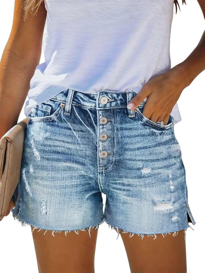 MINGALONDON Women's Denim Shorts Summer Mid Waist Ripped Raw Cut Hem Distressed Stretchy Jean Shorts (XXL)