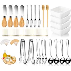 Charcuterie Board Accessories With 3 Oz Ceramic Dip Bowls, Wooden Handle Silver Cheese Spreader Butter Knive Set Kit, Mini Tongs, Spoons, Forks,Honey Dipper, Cocktail Picks (Sivler)