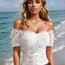 Lace Tops for Women Off Shoulder Going Out Tops Sexy Sheer Mesh Puff Short Sleeve Summer Crop Floral Corset Top (White, XL)