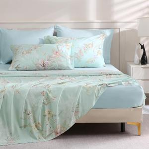 LONAVA Flower Queen Size 6 Pcs Sheet Set, Breathable Microfiber Deep Pocket Light Blue Fitted Sheets, Comfy & Breathable Patterned Flat Sheets,4 Gentle Soft Pillowcases, Mint Flower