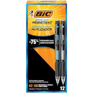 BIC Break Resistant Mechanical Pencils with Erasers, No. 2 Medium Point (0.7mm), 12-Count Pack of Pencils for School or Office Supplies