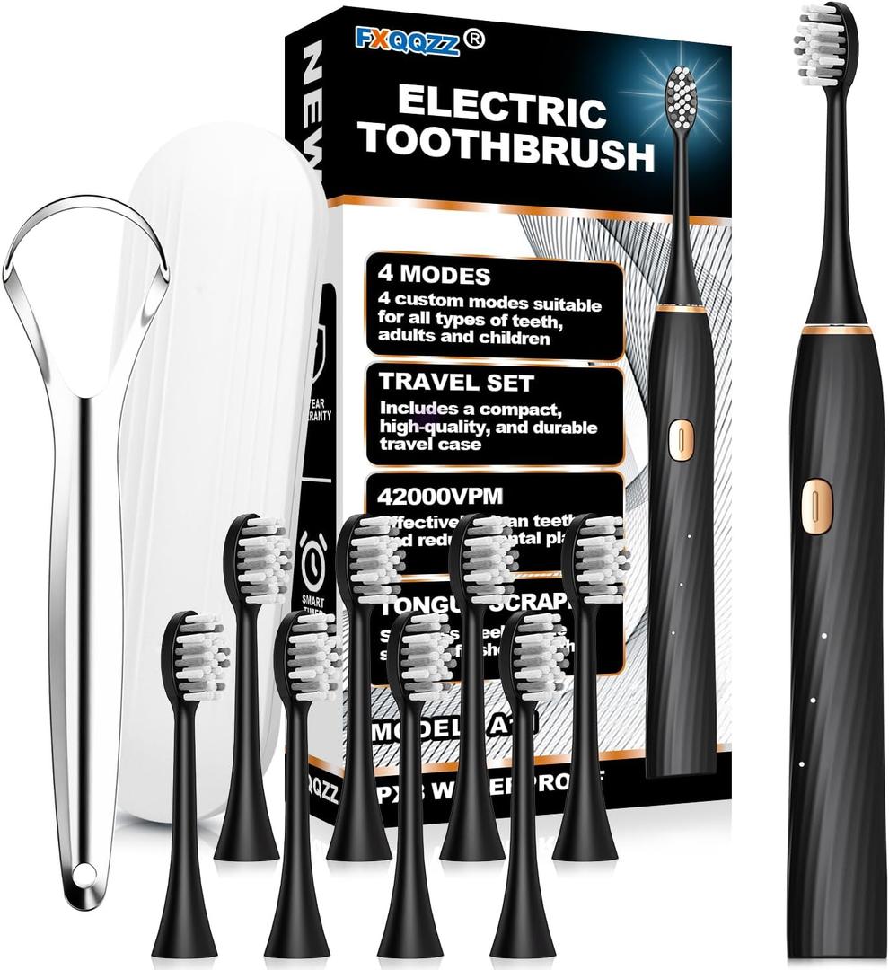 FXQQZZ Electric Toothbrush for Adults and Kids, with Tongue Scraper and Travel Case, 8 Brush Head, Smart Timer & 4 Modes Rechargeable Toothbrush, 42000 VPM Deep Clean, One Charge Last 90 Days - Black