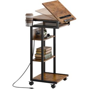 ZIFTY Couch Table with Charging Station and Storage Shelves 360Swivel End Table with Shelves and Wheels C Shaped End Table for Laptops Tv Tray Side Table for Living Room Bedroom Rustic