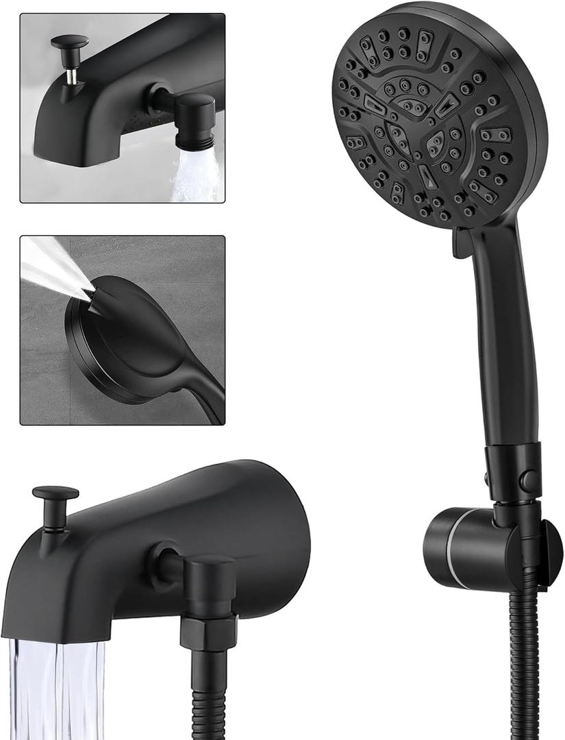 Black Tub Spout with Diverter,10 Settings High Pressure Hand held Shower with ON/OFF Pause Switch, All Metal Bathtub Faucet with Sprayer