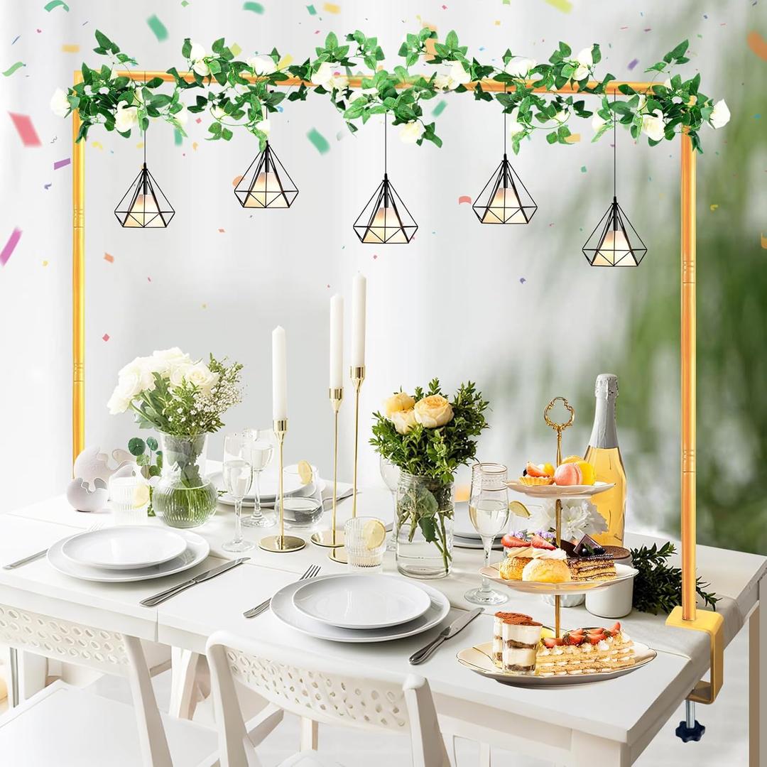 Over The Table Rod Stand with Clamps - Adjustable (34"-102" Length  38"-47" Height) Metal Balloon Arch for Wedding, Birthday, Party & Holiday Decorations - Gold