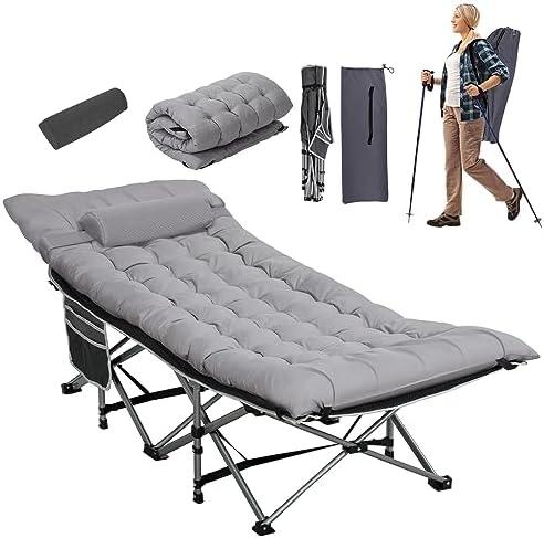 LOENIY Wide Folding Camping Cots with Pillow & Extra Thick Matress, Cots for Sleeping 900 LBS, Camping Bed for Adults with Cushion, Sleeping Cot (Grey)