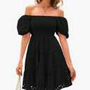 Women's 2025 Eyelet Lace Embroidery Smocked Dress Square Neck Puff Sleeve Off Shoulder Tiered Mini Dress Size Small, Black 
