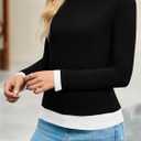 Cicy Bell Womens Long Sleeve Tops Patchwork Crewneck Slim Fit Shirts Going Out Casual Fall Basic Tees (Black, M)