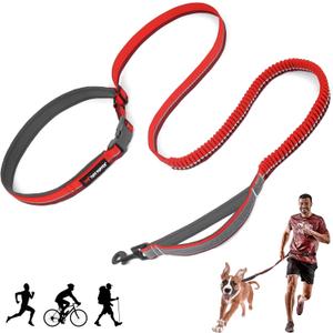 Tuff Pupper Hands Free Bungee Dog Leash | Lightweight for Running Jogging Walking | Adjustable Padded Waist Belt (24-50 inch) | Bungee Stretch 3 to 6 Feet | Strong Ballistic Nylon w/Reflective Strips (Fiery Red)