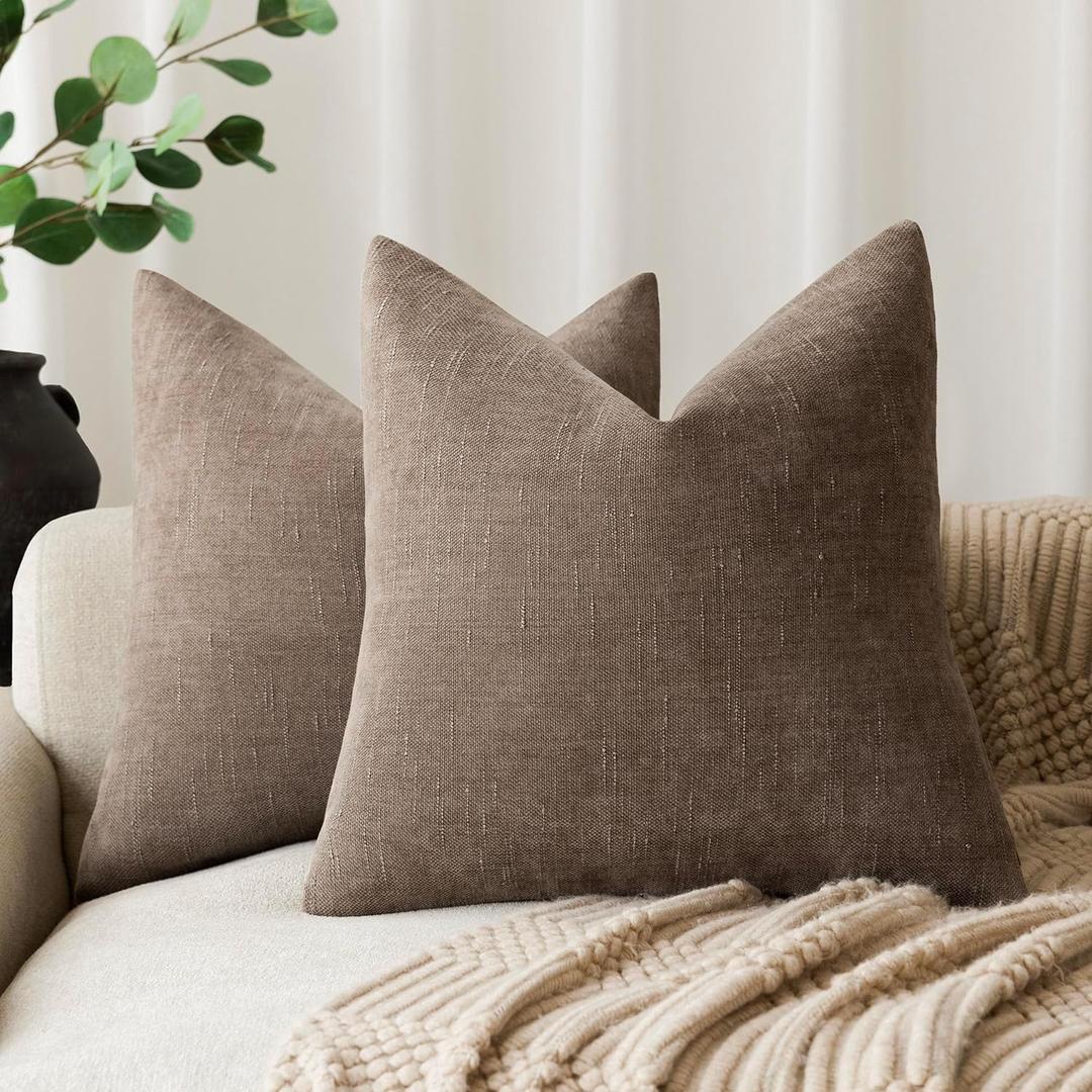 Foindtower Pack of 2 Soft Textured Chenille Throw Decorative Pillow Covers Square Accent Solid Cushion Cover Cozy Farmhouse Pillow Case with Zipper for Couch Sofa Bedroom Living Room 22x22 Inch, Taupe