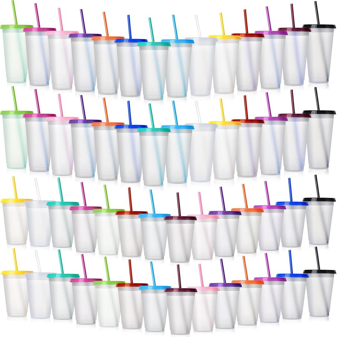 Hsei Clear Plastic Tumbler with Straw and Lid Bulk Water Bottle Iced Coffee Travel Mug Cup with Lid and Straw Reusable Plastic Cups for Christmas Water Smoothie Party Birthday(56 Pack,24 oz, 16 oz)