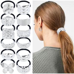 Dizila 12 Pieces Geometric Silver Metal Hair Ties Scrunchies Ponytail Holders Hair Cuffs Bands Elastics Accessories for Women Girls Teens