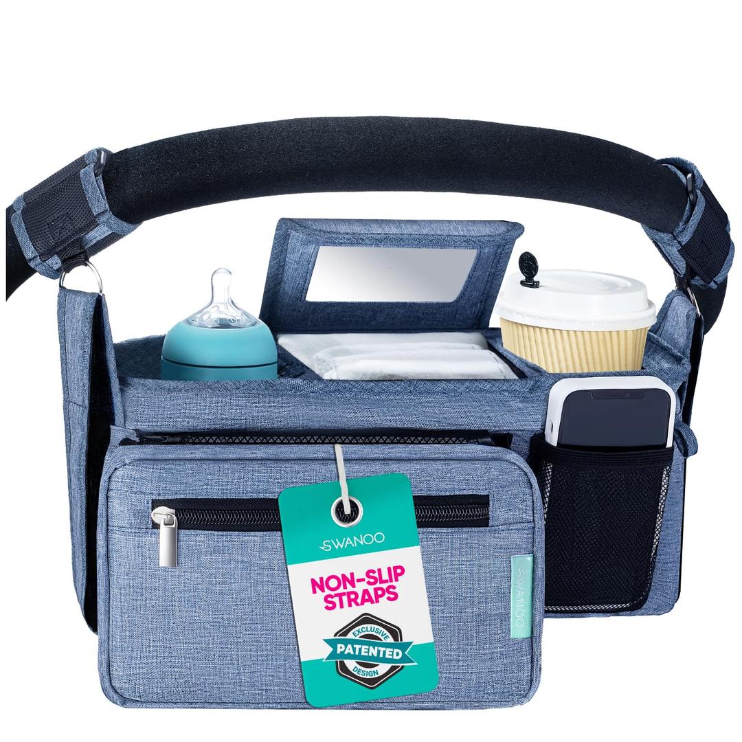 Swanoo Stroller Caddy Organizer With Cup Holder, Non-Slip Straps, Bag for Phone, Pet Accessories, Universal Fits Uppababy Vista v2 Wonderfold Wagon, Doona and More