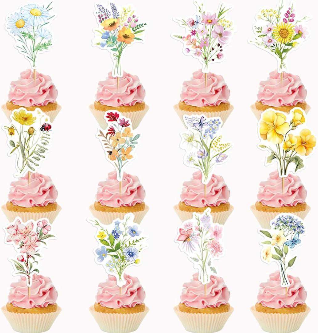 48 Pcs Flower Cupcake Toppers Wildflower Cake Decorations Wildflower Party Decorations Baby In Bloom Baby Shower Decorations Wildflower Baby Shower Decorations