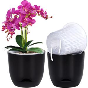 QCQHDU 2 Pack 5.7 Inch Orchid Pots with Holes for Repotting, Double-Layer and Self Watering Orchid Pot with Good Air Circulation (Black)