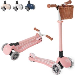 MomnLittle Kick Scooter for Kids Ages 3-10 (Beige/Pink/Navy/White) 3 Wheeled with LED Light-Up Wheels CPSC Certified Foldable and 4 Height Adjustable Toddler Scooters for Boys Girls