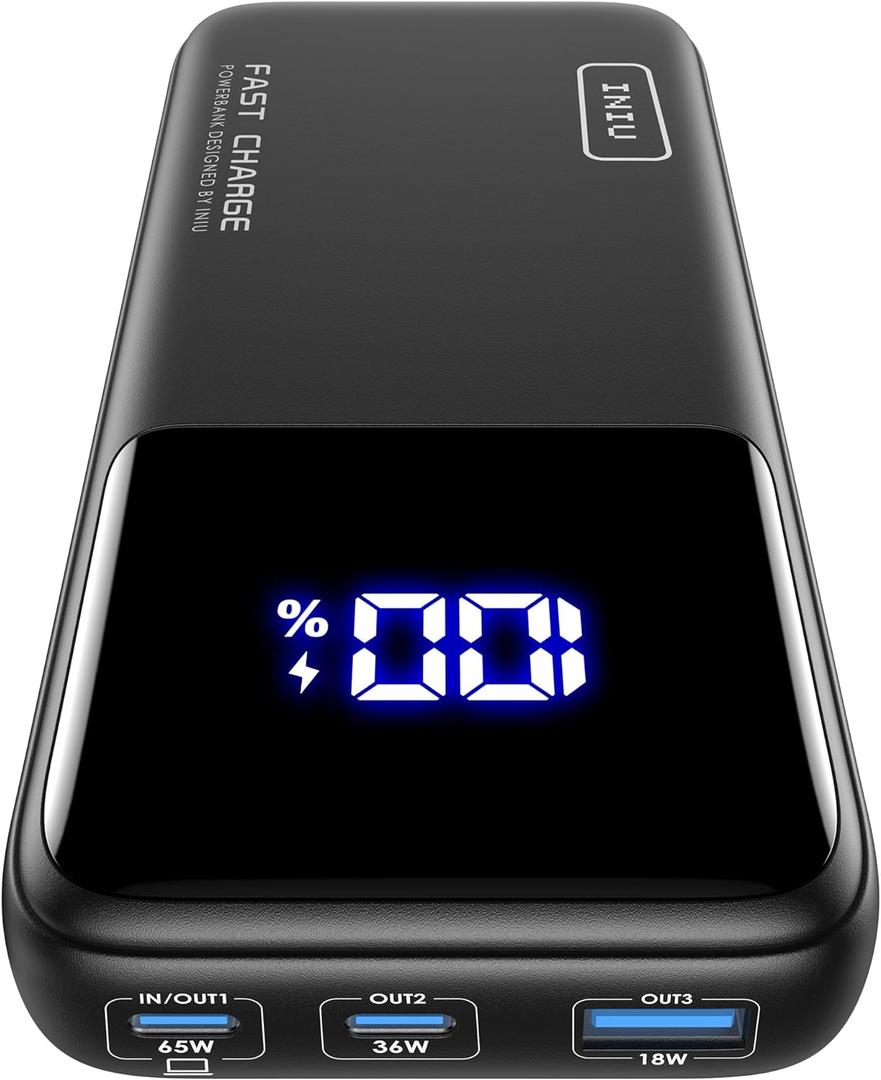 INIU Power Bank, 20000mAh 65W Compact USB C Laptop Portable Charger, PD QC Fast Charging 3-Output Battery Pack, Travel Charger for Laptop MacBook iPad Tablet Steam Deck iPhone 16 15 Samsung S22