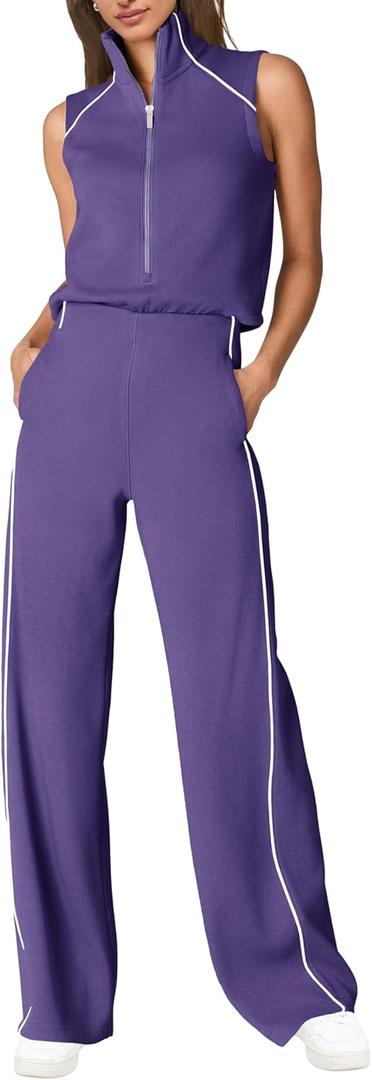 SENSERISE Womens Summer Jumpsuits Dressy Casual Sleeveless Mock Neck Top Wide Leg Pants Romper with Pockets (Purple, L)