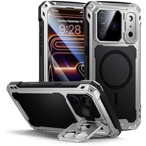 Lanhiem for iPhone 17 Pro Max Metal Case with Kickstand, Compatible with MagSafe, Built in Tempered Glass Screen Protector, Heavy Duty Shockproof Rugged Full Body Tough Phone Cover 6.9" (Silver)