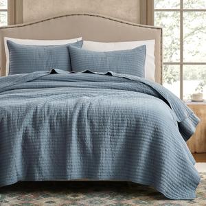 WDCOZY 100% Cotton Queen Size Quilt Set - Blue Striped Pick Stitch Soft Lightweight Bedspread, Textured Like Linen, Farmhouse Country Rustic Coverlet, Shabby Chic Gauze Bedding, 3 Pieces, Full/Queen