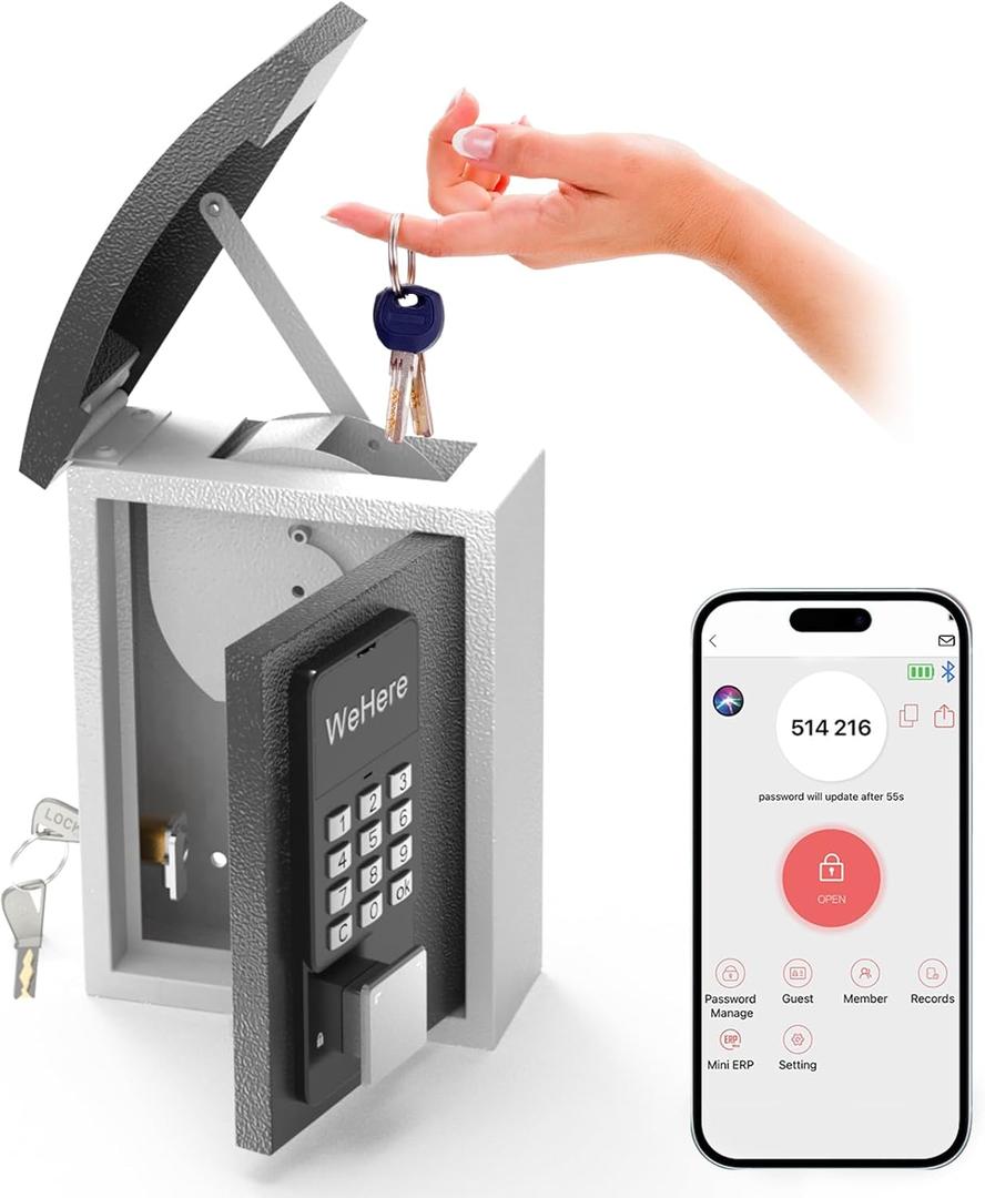 WeHere Key Lock Box Wall Mount with Key Drop Slot, Smart Digital Lockbox, OTP/APP Bluetooth/Wi-Fi/Fixed Code/Key Unlock, Key Safe Security Storage for House Outside, Realty Business, Apartment, Store (Black)