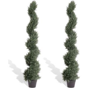THE BLOOM TIMES 5ft Spiral Artificial Topiary Trees Set of 2, Faux Cedar Trees for Outdoor Planters - Fake Twist Cypress Plants for Garden Front Porch Indoor Outside Christmas Decor 5 Foot (Cedar Dark Green)