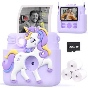 Kids Camera Instant Print Gifts for Girls Age 4-12, Instant Camera for Kids with Silicone Cover, 1080P Kids Digital Camera Toys for 3 4 5 6 7 8 9 10 Years Old Girls 32GB Card Lilac (Purple)