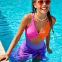 Funnycokid Girls One Piece Swimsuit Color Block Teen Bathing Suit with Pad Cover Up Skirt(7-16Y)