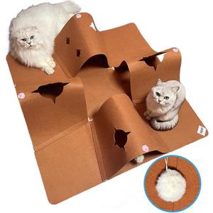Interactive Cat Tunnel Mat for Indoor Cats, 4-Way Felt Cat Cave with Hanging Ball, Foldable Kitty Play Mat and Hideout, Pet Enrichment Toy for Kittens, Rabbits, Small Pets (Brown)