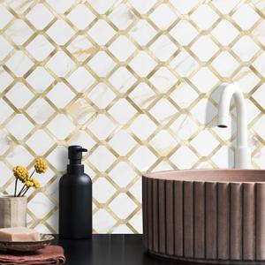 Vamos Tile Rhombus Seamless Peel and Stick Tile Backsplash - 10 Sheets Stick on Backsplash for Kitchen and Bathroom Calacatta Gold PVC Mixed Metal Light Gold Self Adhesive Mosaic Wall Tiles