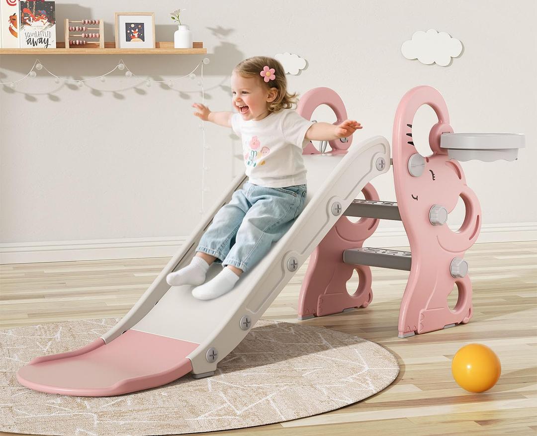 Babytronic Toddler Slide, Kids Indoor Outdoor Playset with Basketball Hoop & Ring Toss, Foldable Baby Plastic Slide, Outdoor Playground Climber Slide (Pink&White)