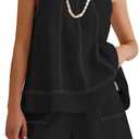 Rapbin Women Two Piece Short Set Drawstring Elastic Waist Pants Round Neck Tank Tops Comfy Sweatsuit Soft Sleepwear (Black, M)