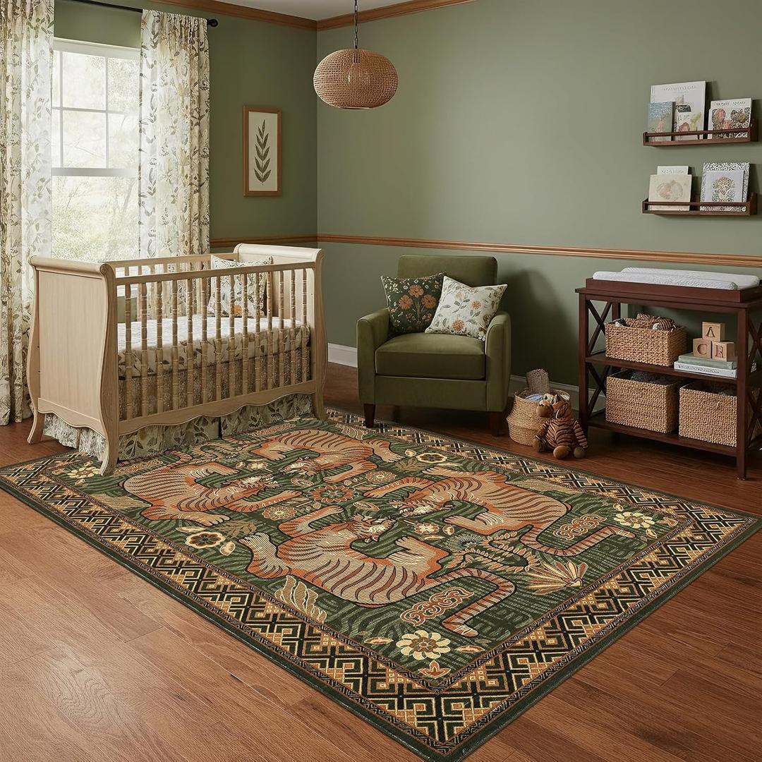 GarveeHome 4x6 Tiger Washable Area Rug for Kids Room, Boho Green Bedroom Rug Non Slip Low Pile Vintage Tribal Carpet Stain Resistant Throw Rug for Dorm Nursery Room Playroom Office Dining Room
