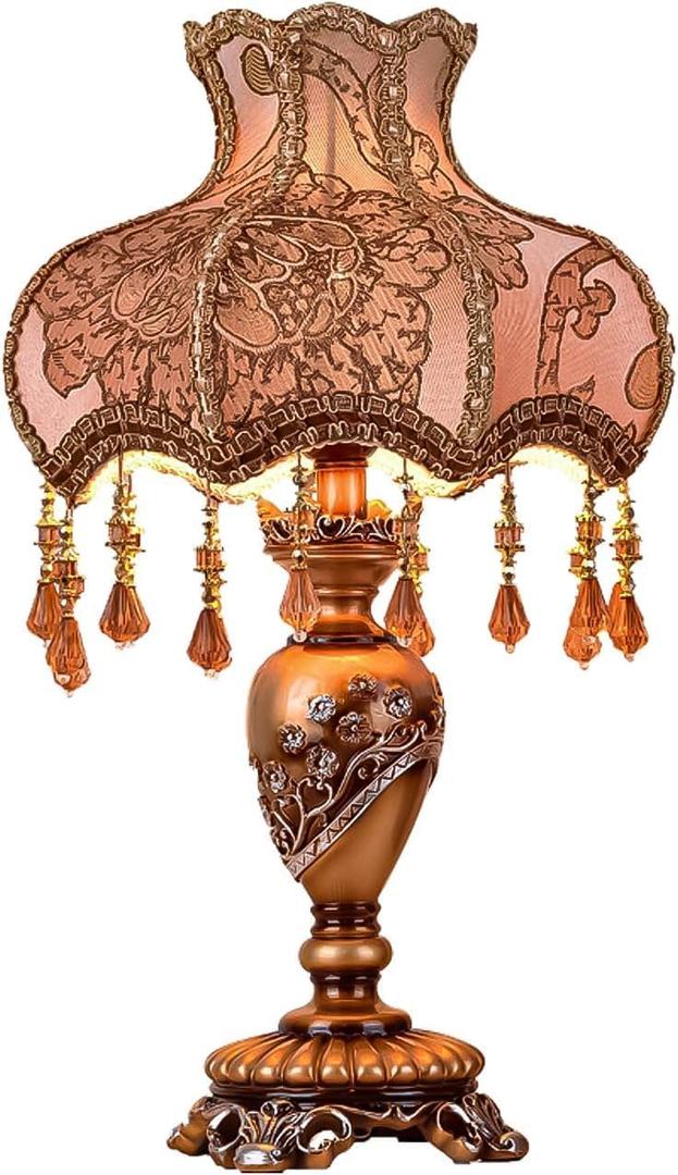 European Style Table Lamp Victorian Style Resin Desk Lamp with Fabric Shade and E27 Bulb Tiffany European Style Lamp for Bedroom Living Room Office Study