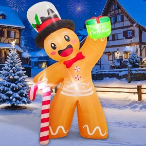 OurWarm 6FT Christmas Inflatable Outdoor Decoration, Christmas Blow Up Yard Decorations with LEDs, Gingerbread Inflatable with Gift Box and Candy Cane for Indoor Outdoor Lawn Garden Xmas Decorations