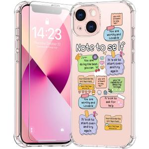 bicol for iPhone 13 Case with Screen Protector,Enhanced Camera Protection,Clear TPU Cover with Trendy Designs for Girls Women,Slim Fit Protective Phone Case,Note to Self