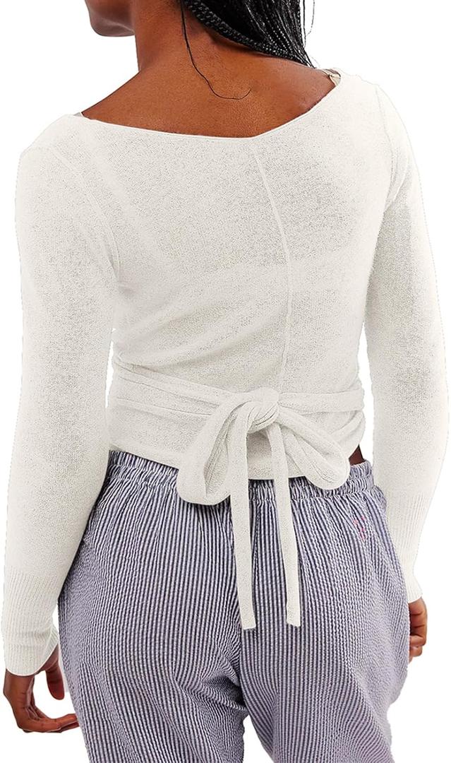 Women Wool Tie Front Tops Crop Top Solid Long Sleeve Solid V Neck Lightweight Crochet Cardigan Crop (Small, White)