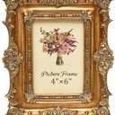 JANDERART Vintage Picture Frame 4x6 Inch, 4 by 6 Ornate Antique Photo Frames with Glass Front, Retro Carving, Tabletop & Wall Hanging, Photo Display, Gold