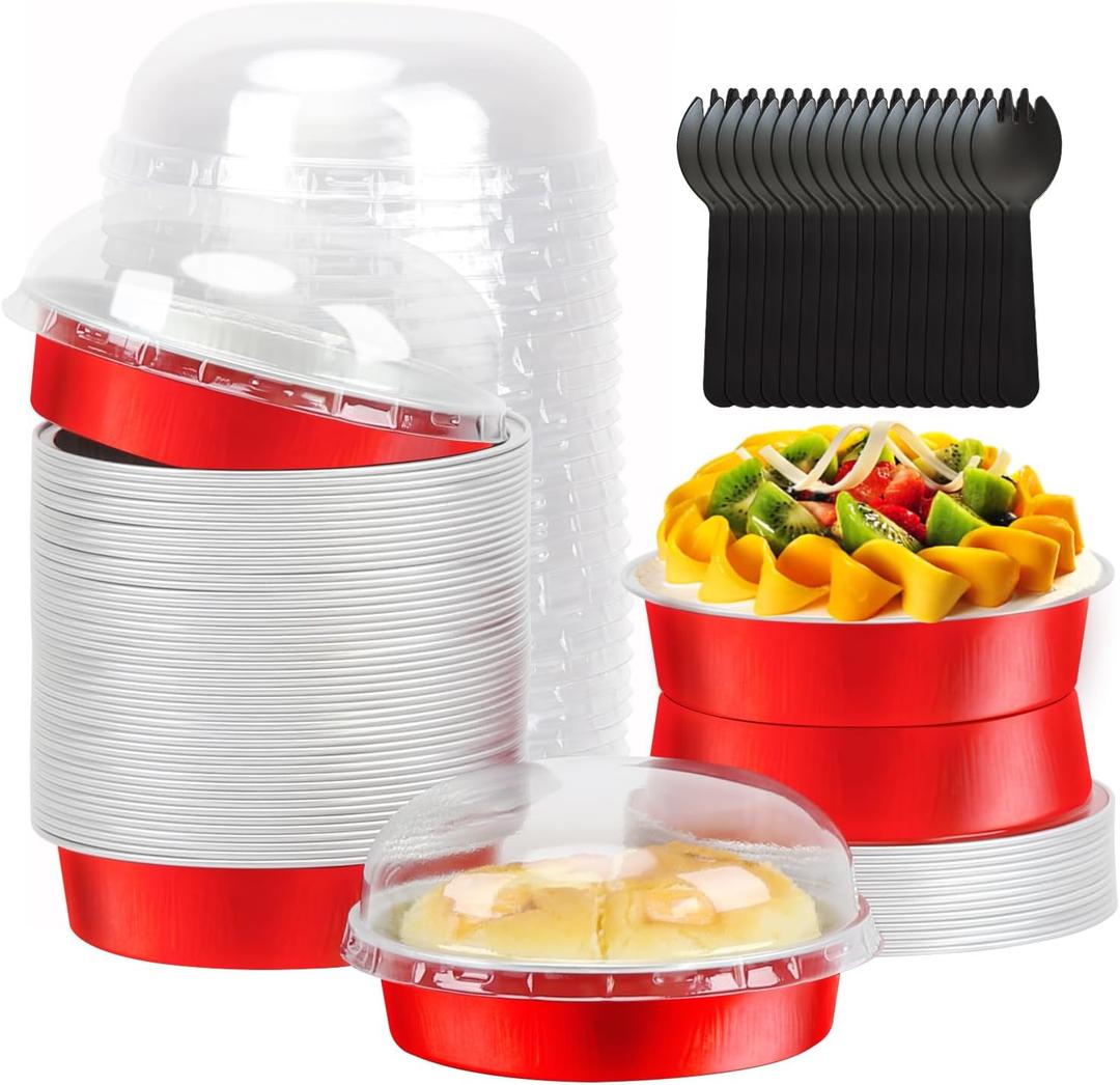 LNYZQUS 8oz Mini Cake Pans 4 Pie Tins with Lids 50 Pack, Disposable Aluminum Foil Baking Pans Dishes,Small Creme Brulee Tart Ramekins Individual Mini Pie Contaniers for Christmas-Red